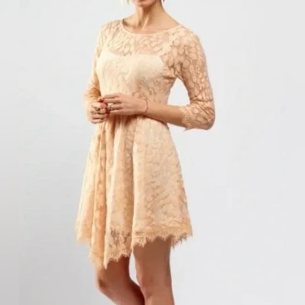 Free People Peach Lace Fit & Flare Skater 3/4 Sleeve Mini Dress - Size 0
